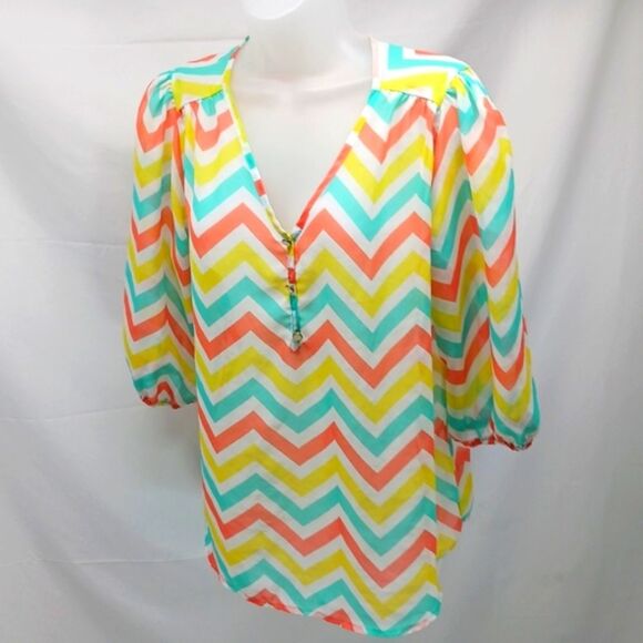 Poelle Du Jour Sheer Chevron Patterned Women's Top Blouse Large Vibrant Colors.. - Picture 3 of 10